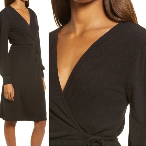 NWT Fraiche by J Black Faux Wrap Long Sleeve Midi Knit Sweater Dress Sz L - Picture 1 of 14